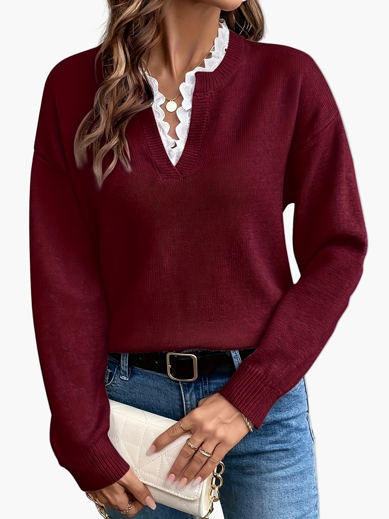 Dames elegante trui met V-hals en ruches kraag – Perfect voor dagelijks gebruik & kantoor