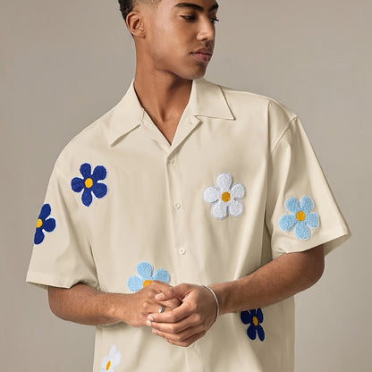Herre kortermet fritidsskjorte med blomsterapplikasjoner – Moderne camp-krage design for hverdag og sommer