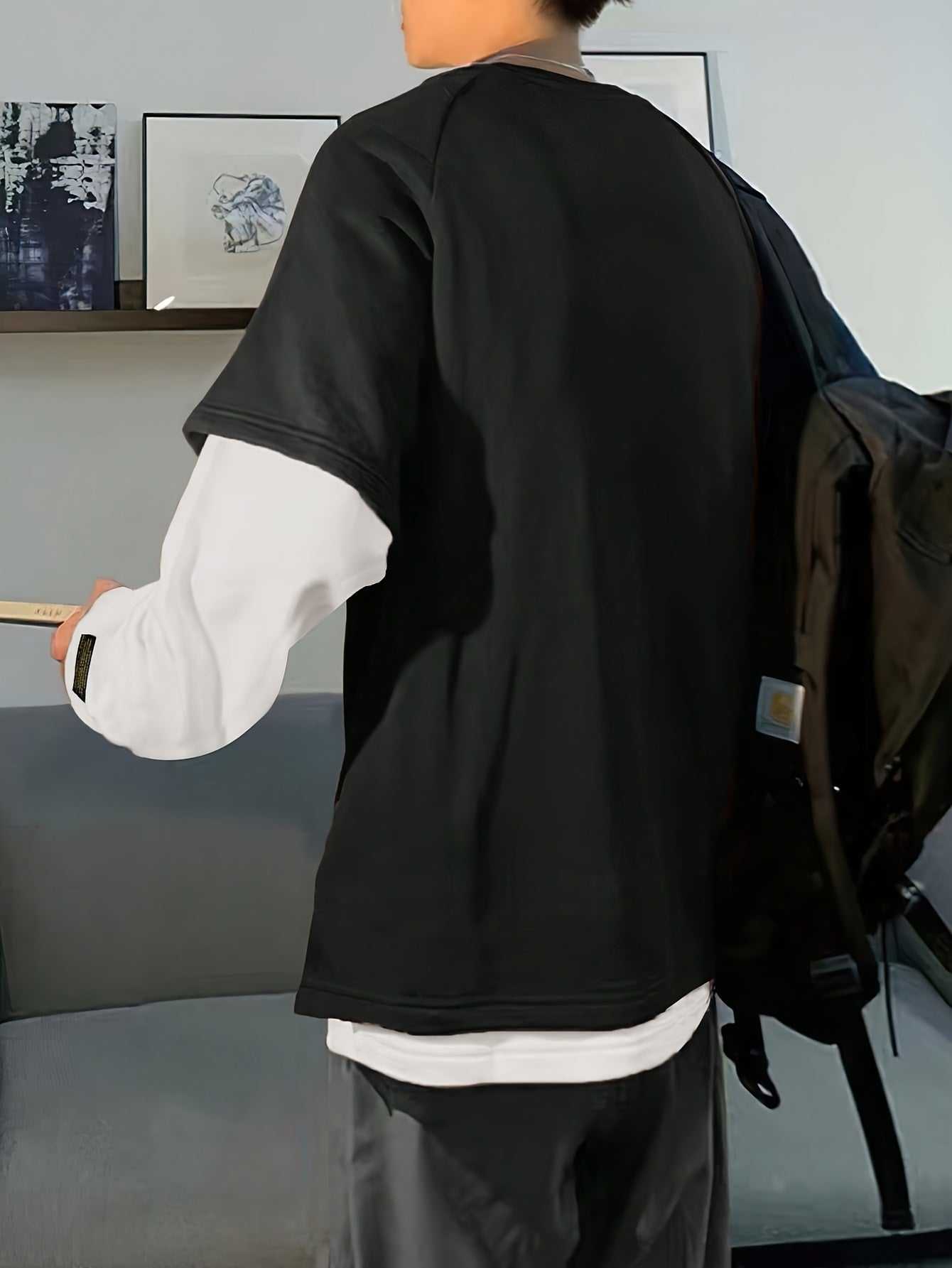 Camiseta unisex de manga larga con efecto de capas, negra y blanca