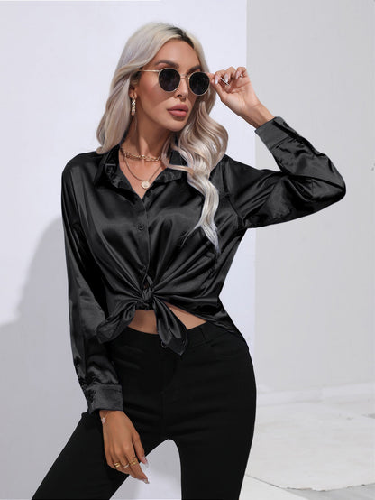 Damen Satinbluse im Cardigan-Stil – Elegante Bluse für Büro, Alltag & Feste