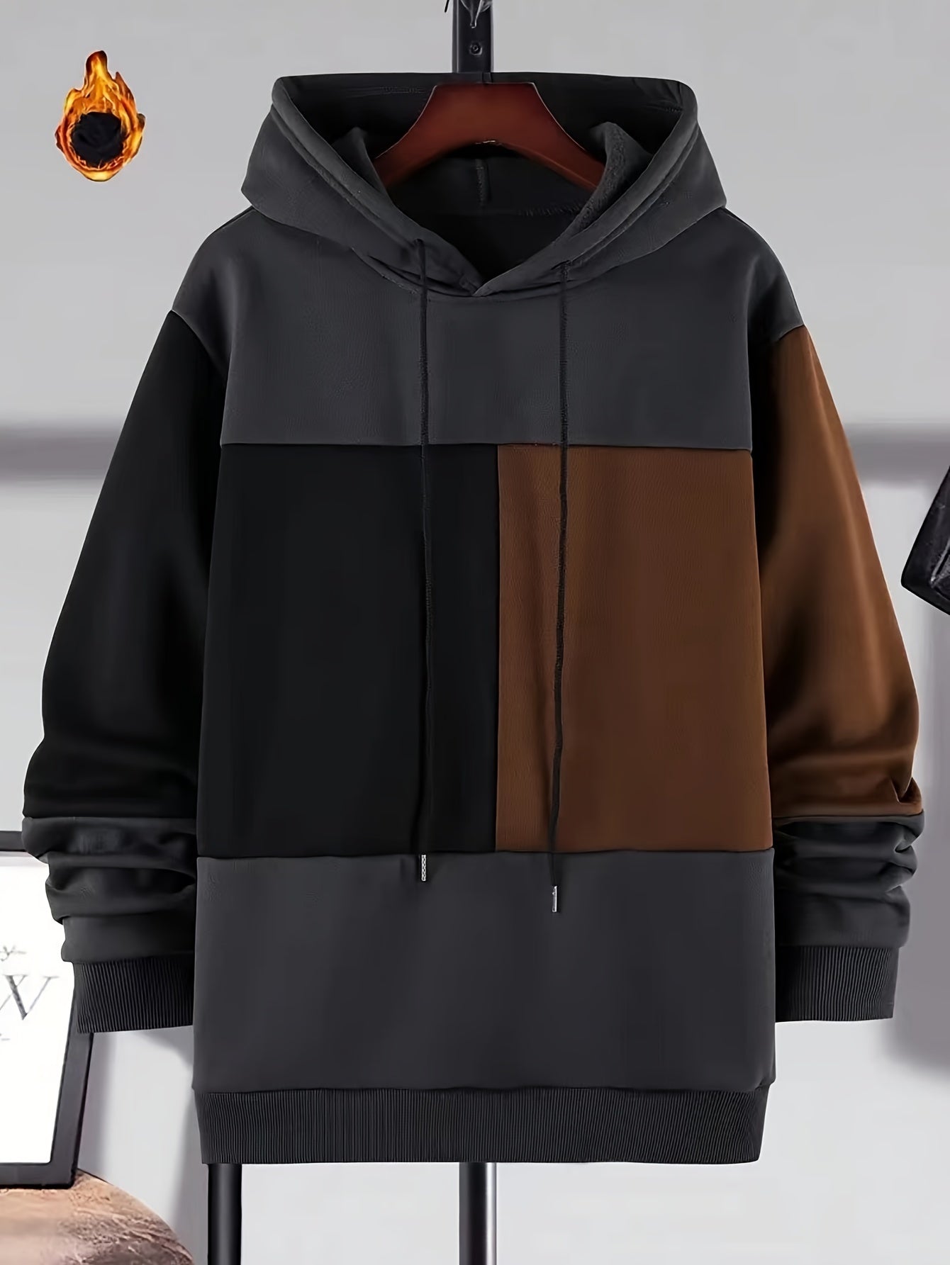 Herren Hoodie Color-Block Schwarz Weiß Braun mit Kapuze