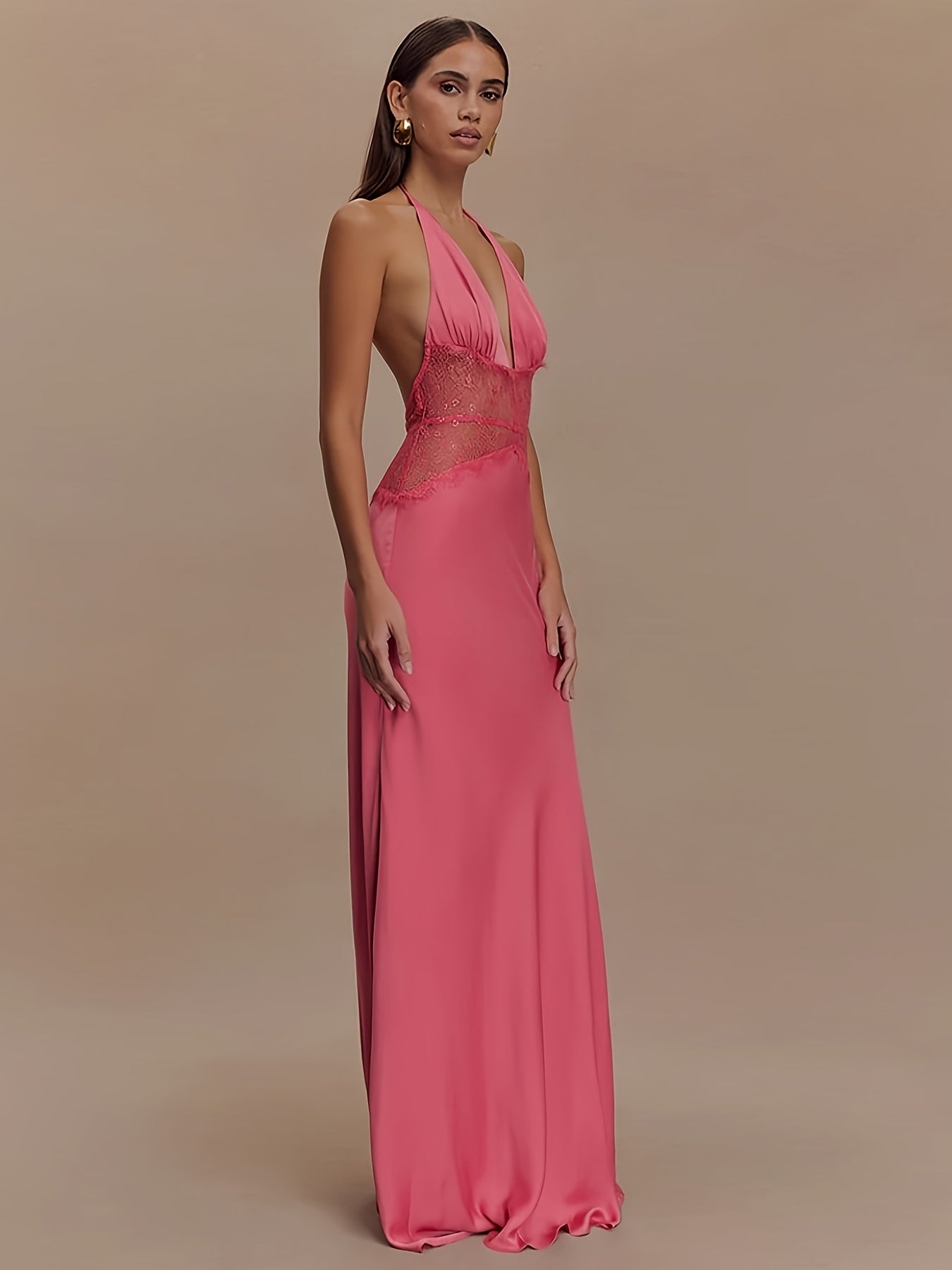 Vestido de noche elegante para mujer, corte ajustado y acampanado con encaje y escote en V profundo para ocasiones festivas