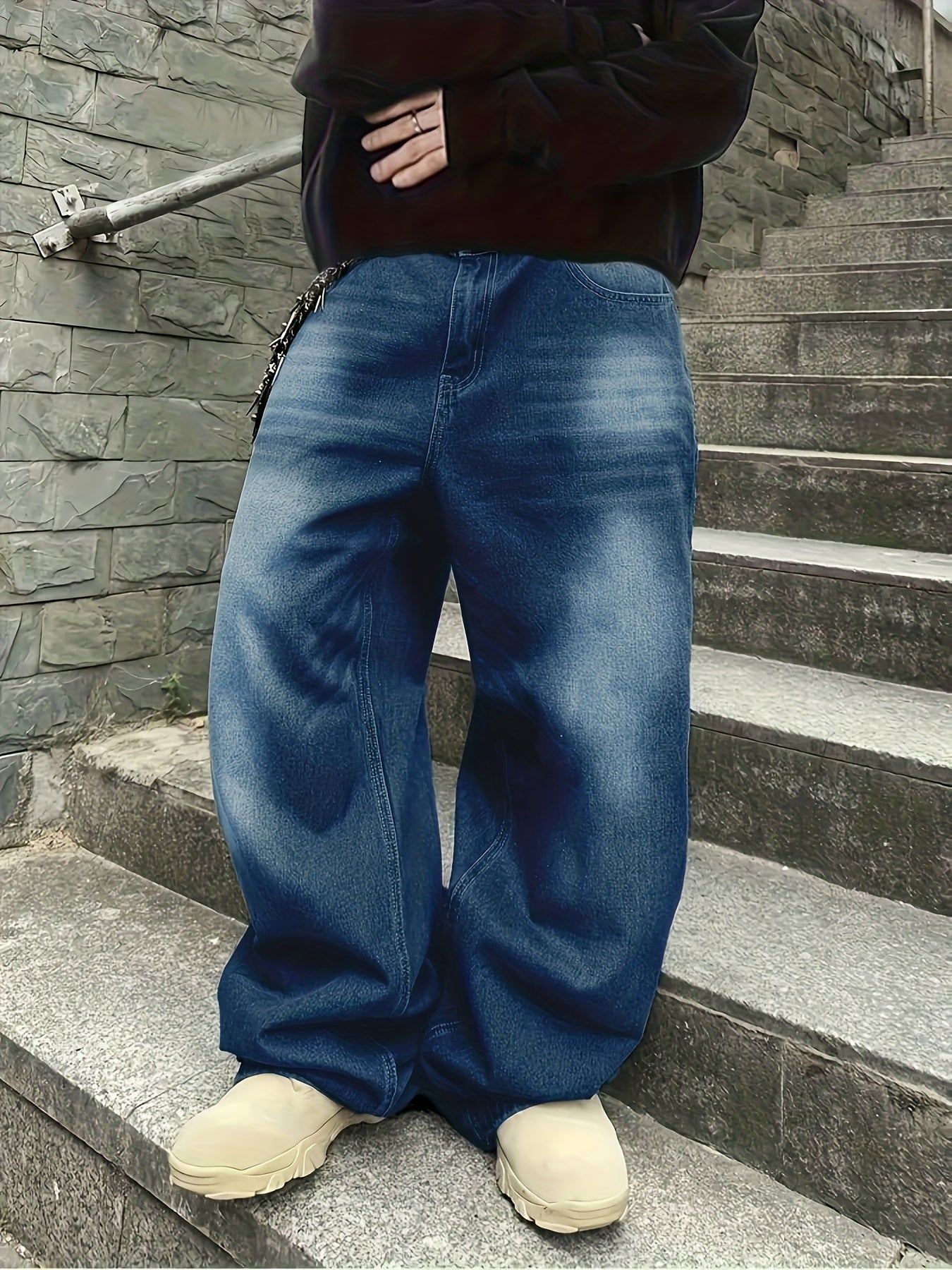 Loose Fit Jeans mit weitem Bein für Herren, Used-Look, Blau