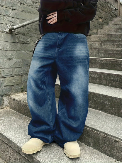 Loose Fit Jeans mit weitem Bein für Herren, Used-Look, Blau