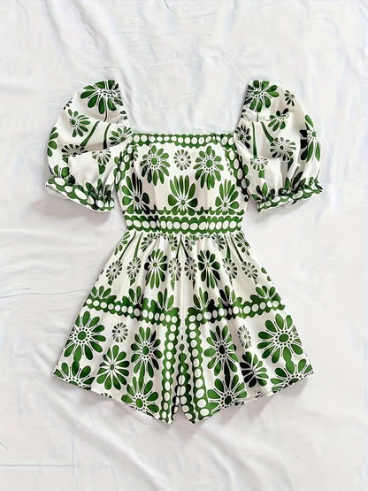 Dame vintage-jumpsuit med pufærmer og blomsterprint – Elegant heldragt til sommer og fritid