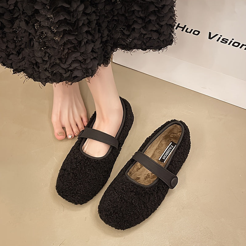 Damen Mary Jane Ballerinas Plüsch-Look mit Riemen und Knopfverschluss