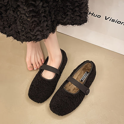 Damen Mary Jane Ballerinas Plüsch-Look mit Riemen und Knopfverschluss