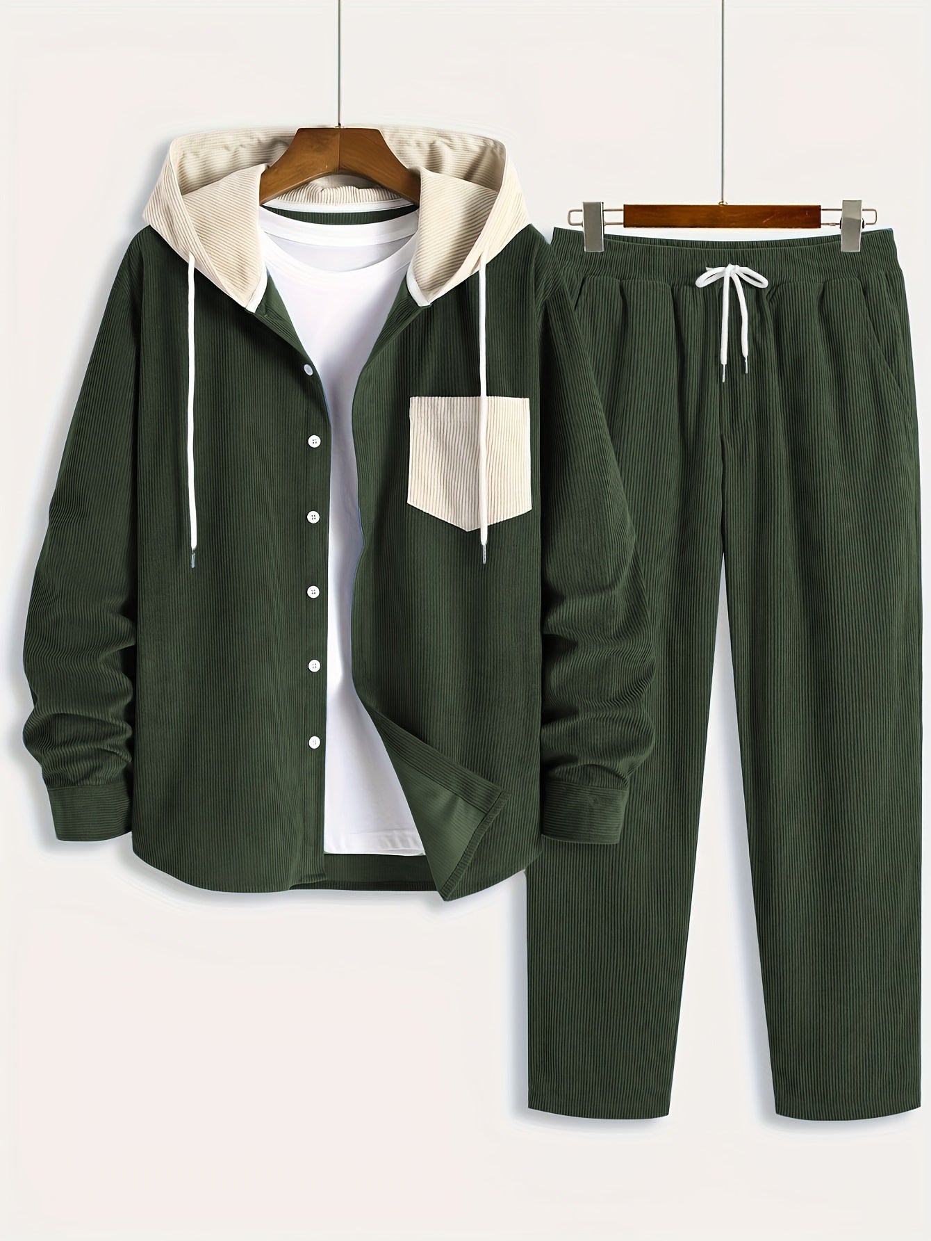 Conjunto de dos piezas para hombre con camisa tipo sudadera con capucha acanalada y pantalón jogger, traje informal