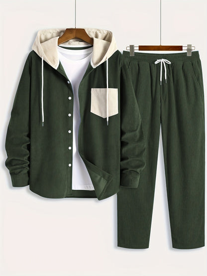 Conjunto de dos piezas para hombre con camisa tipo sudadera con capucha acanalada y pantalón jogger, traje informal