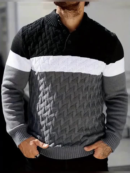 Herren Strickpullover Blockfarben Zopfmuster Stehkragen Knopfleiste