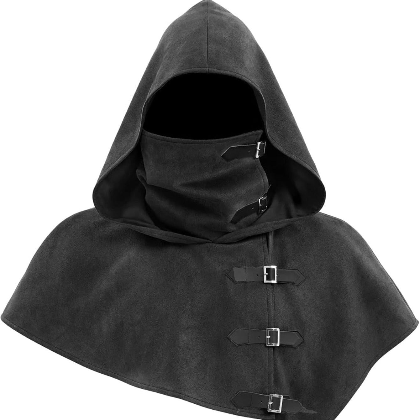 Unisex Kapuzenumhang mit Gesichtsbedeckung und Schnallen, Mittelalterlich