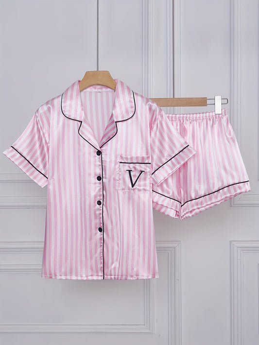 Dames pyjama-set korte mouwen met strepen en knoopsluiting – Comfortabele zomerse nachtkleding set