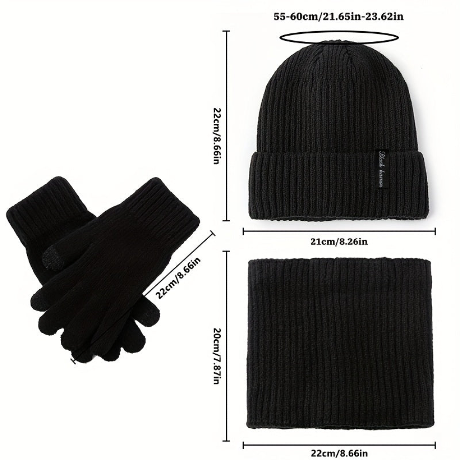 Winterset muts sjaal handschoenen ribbreisel fleecevoering, zwart
