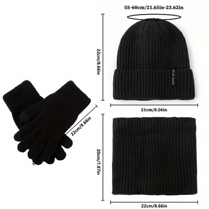 Winterset muts sjaal handschoenen ribbreisel fleecevoering, zwart
