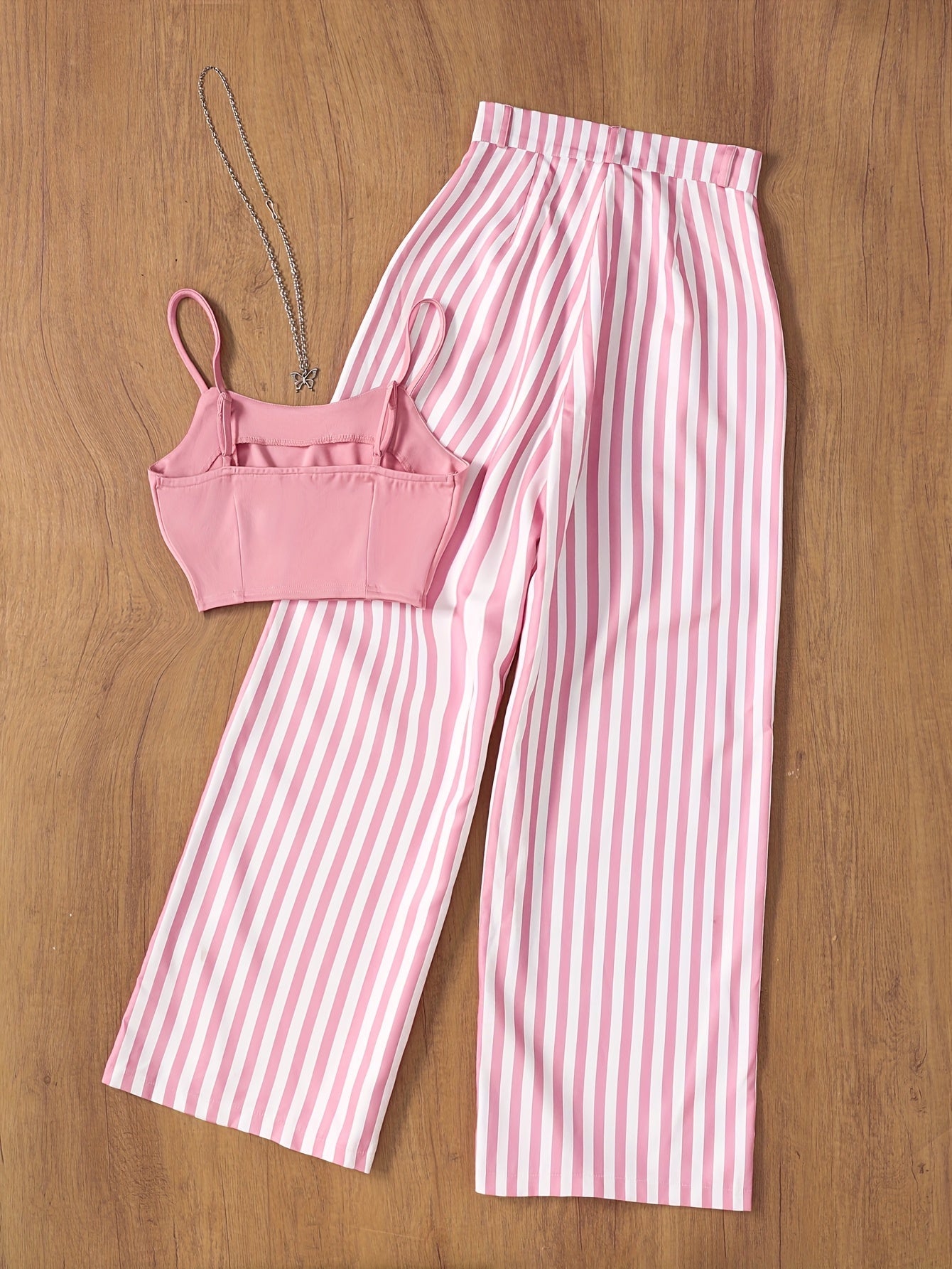 Conjunto de dos piezas para mujer – Pantalón de talle alto a rayas y top ajustado, look veraniego elegante para ocio y eventos