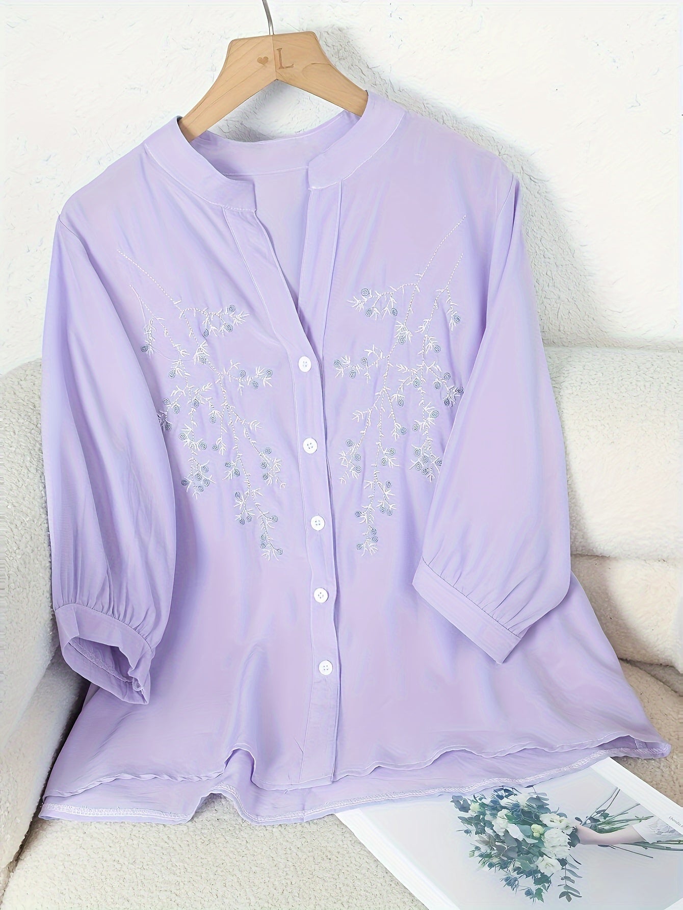 Blusa elegante da donna con ricamo e collo alla coreana – Camicia estiva casual