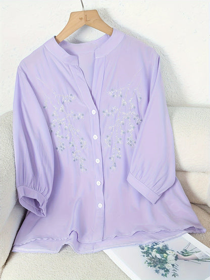 Blusa elegante da donna con ricamo e collo alla coreana – Camicia estiva casual