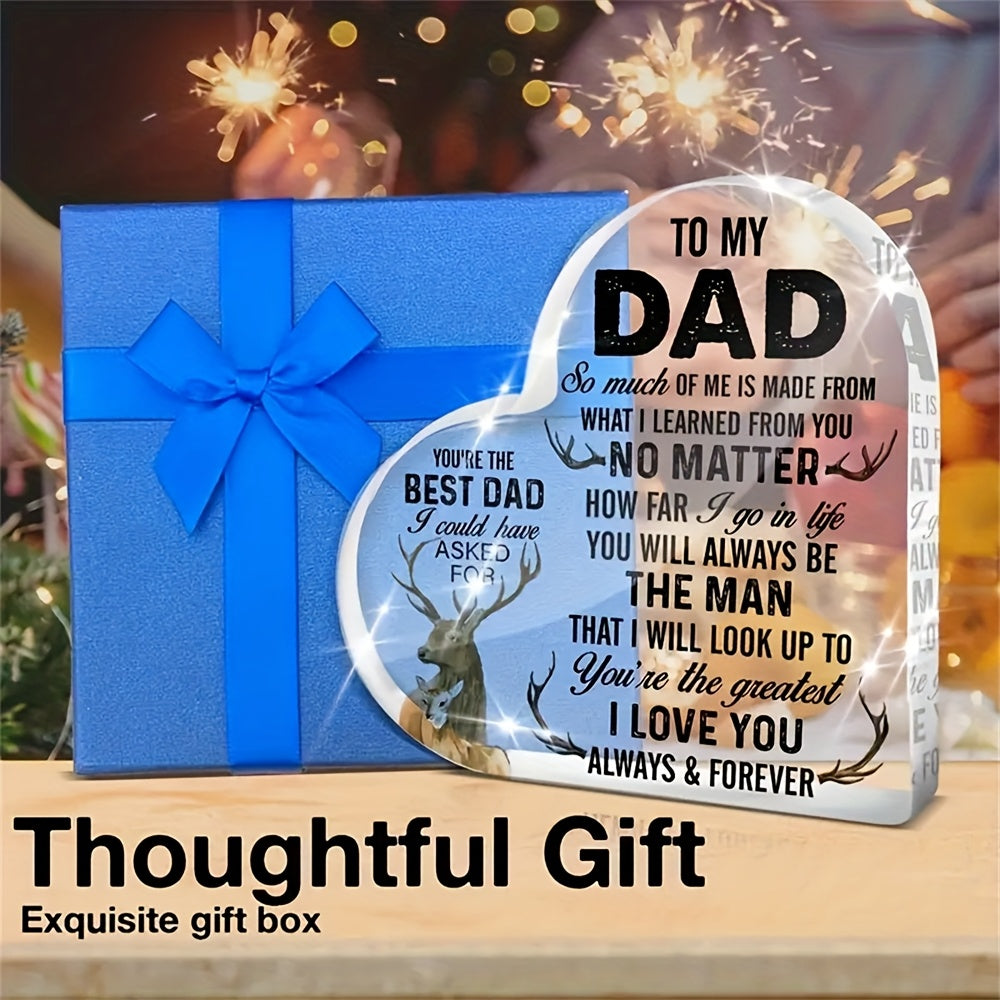 Hartvormig premium acrylbord voor mannen – decoratief cadeau voor papa met inspirerende boodschap en hertmotief, tafeldecoratie Vaderdag & verjaardag
