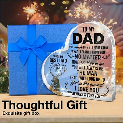 Hartvormig premium acrylbord voor mannen – decoratief cadeau voor papa met inspirerende boodschap en hertmotief, tafeldecoratie Vaderdag & verjaardag