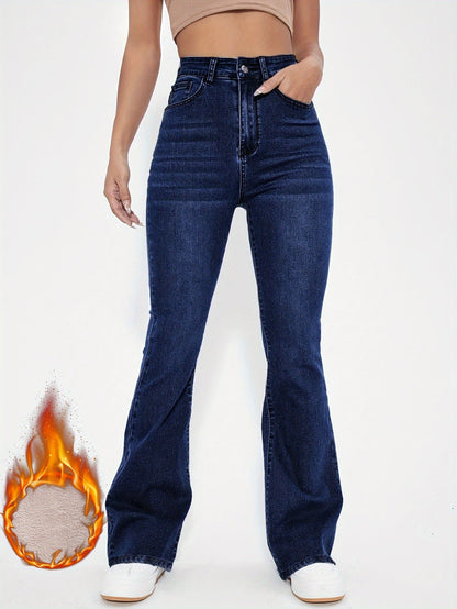 Damen Schlagjeans Hoher Bund Dunkelblau mit warmem Innenfutter