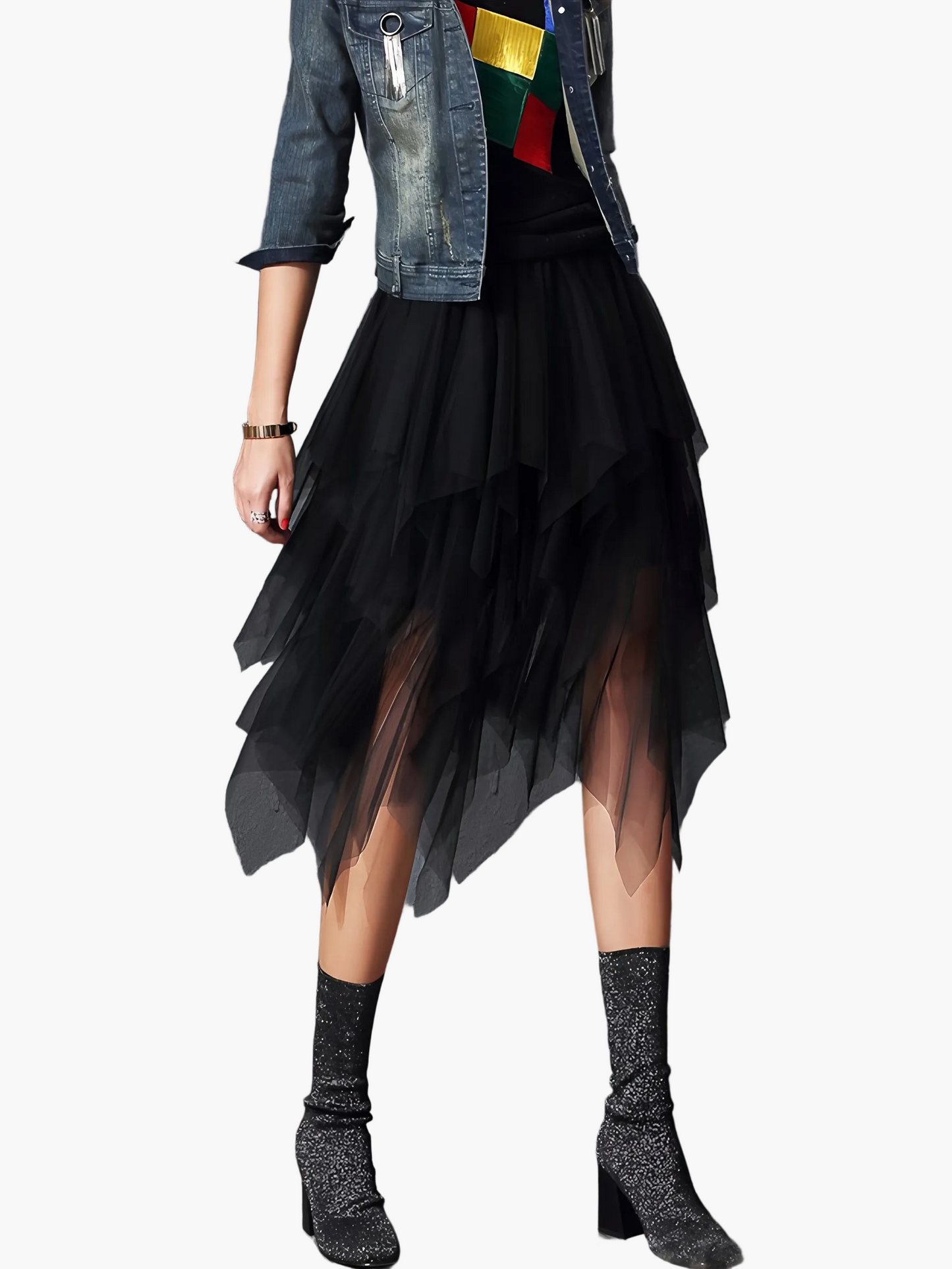 Dame asymmetrisk tylskørt i lag-på-lag look – elegant til fest og streetstyle