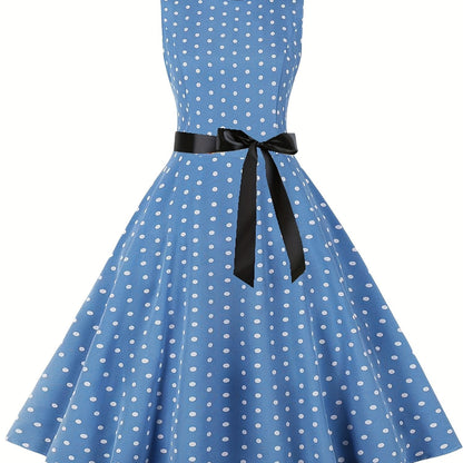Damen Vintage Polka Dot Fit & Flare Partykleid mit Gürtel, ärmellos, Retro Sommerkleid
