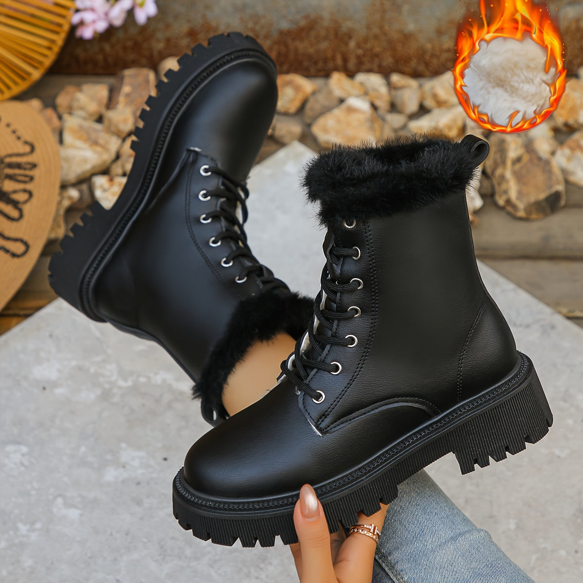 Damen Worker Boots mit Fellfutter & klobiger Sohle – Schnürstiefelette