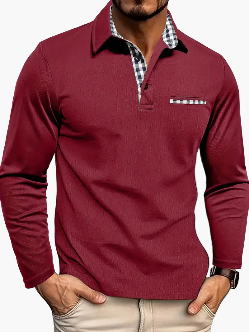 Polo da uomo a manica lunga slim fit con dettagli a quadri – Maglietta moderna per lavoro e tempo libero
