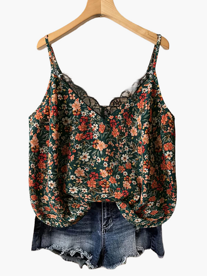 Dame sommer-top med blomsterprint og blonder – afslappet camisole til hverdag og ferie