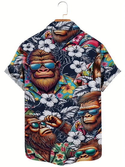 Chemise hawaïenne homme avec motif singe et imprimé floral – Chemise d'été amusante pour loisirs et fête