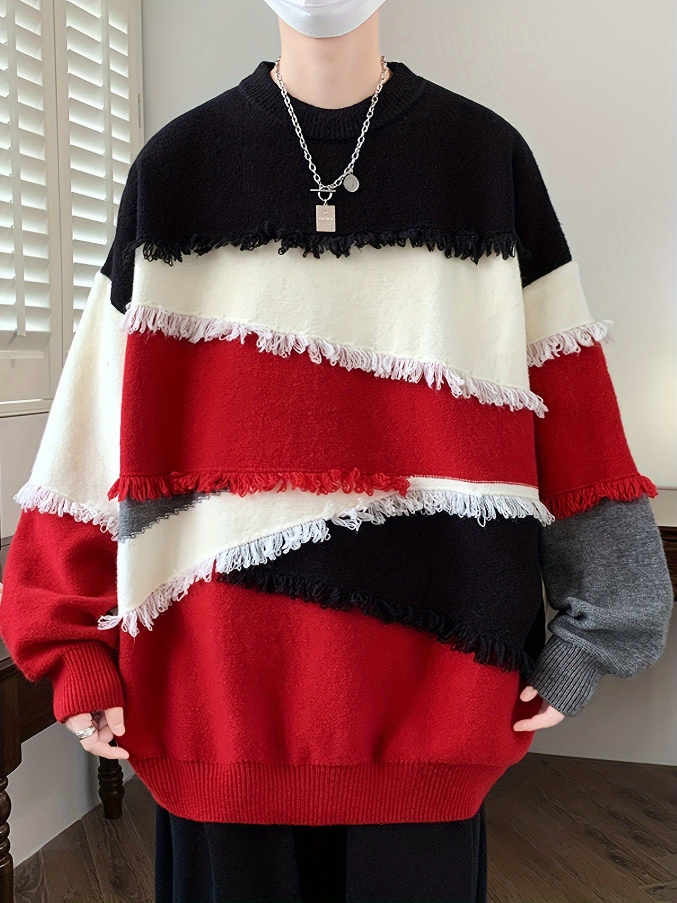 Unisex Patchwork Pullover mit Fransen Rundhals Langarm Strickpullover Mehrfarbig