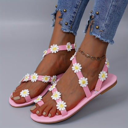 Sandales pour femmes avec motif floral – sandales d'été plates bohèmes, look floral ludique, à la mode pour les loisirs et les vacances