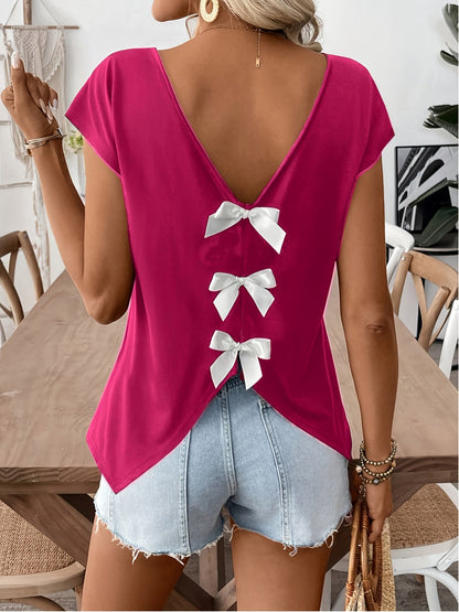 Damen Sommer Top mit Rückenausschnitt und Schleifen, modisches Freizeitshirt für Frühling und Sommer
