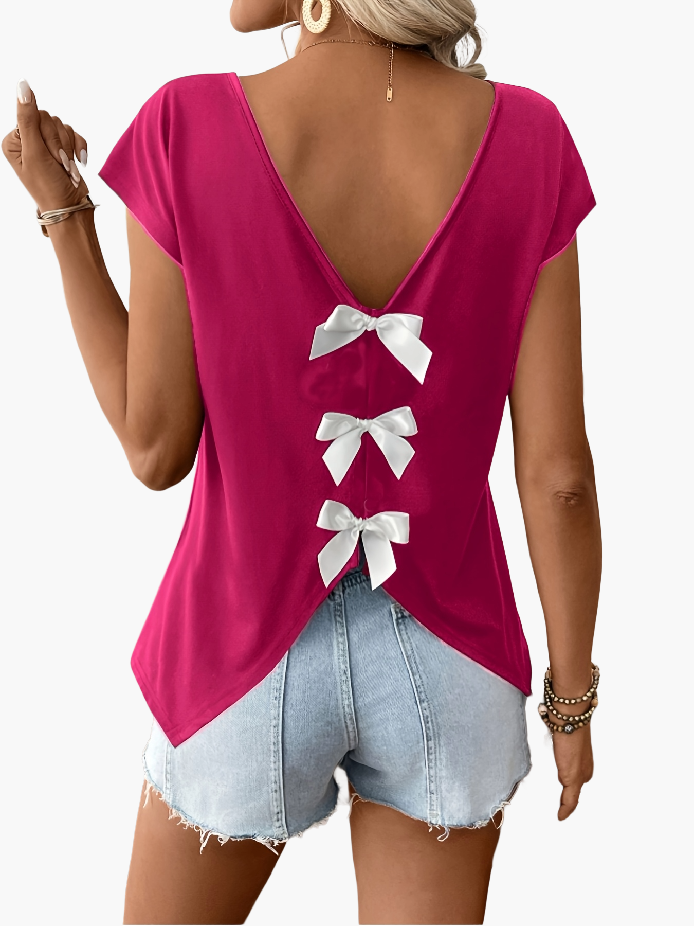 Damen Sommer Top mit Rückenausschnitt und Schleifen, modisches Freizeitshirt für Frühling und Sommer