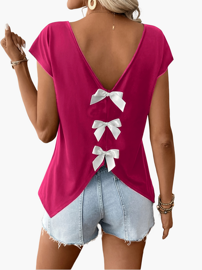 Damen Sommer Top mit Rückenausschnitt und Schleifen, modisches Freizeitshirt für Frühling und Sommer