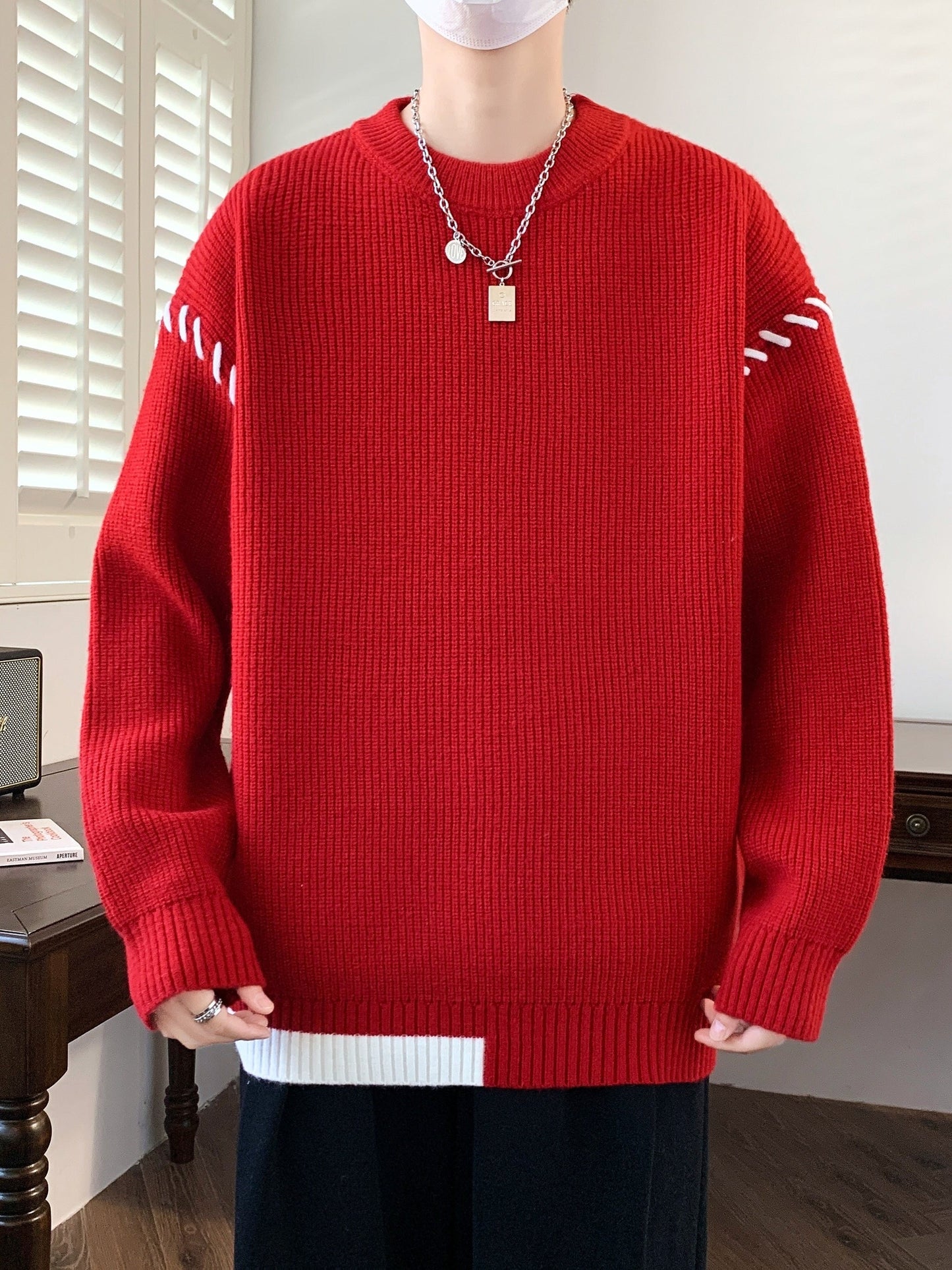 Unisex Strickpullover mit Rundhalsausschnitt und Kontraststreifen-Details, Langarm