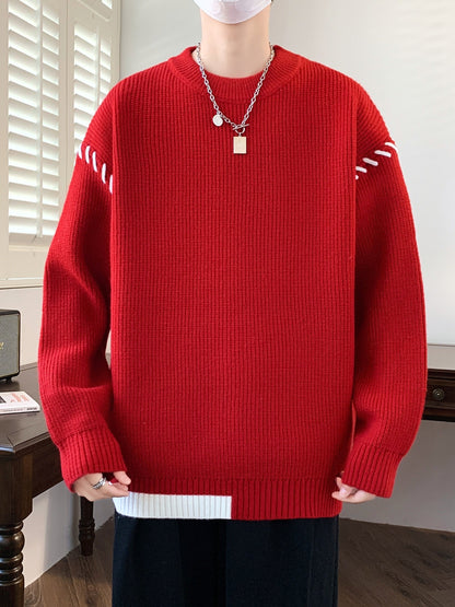 Unisex Strickpullover mit Rundhalsausschnitt und Kontraststreifen-Details, Langarm