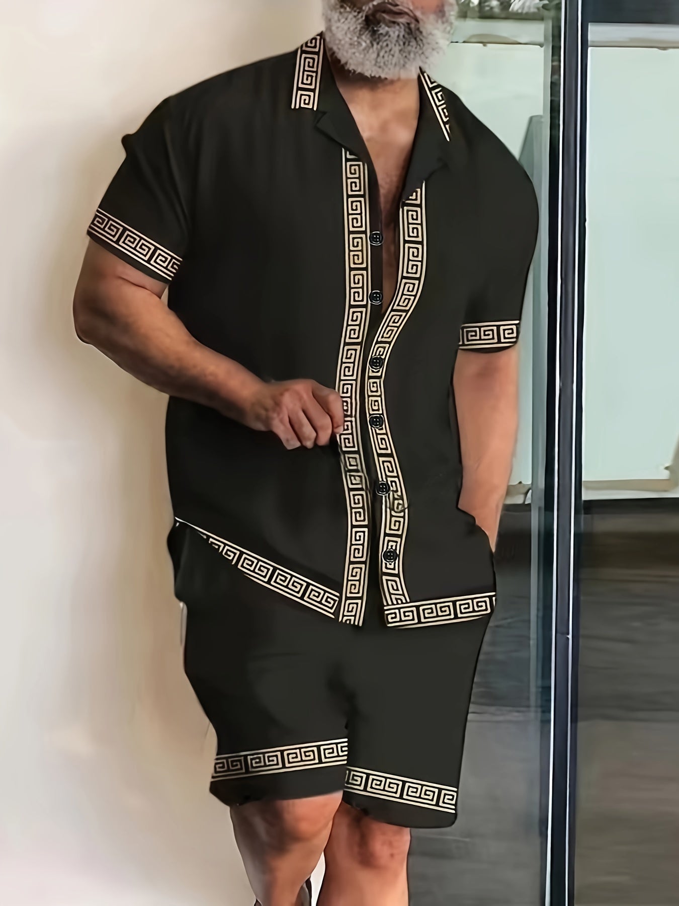 Herren Sommar Tvådelat Set – Kortärmad Skjorta & Shorts, Geometriskt Mönster, Avslappnat Fritidsoutfit
