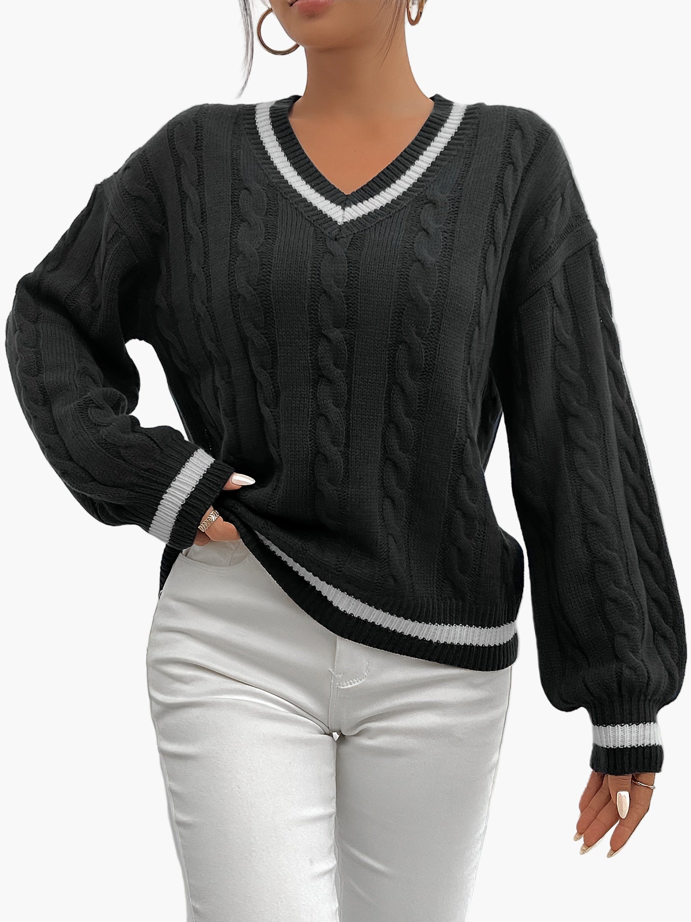 Damen Pullover im eleganten Zopfmuster mit V-Ausschnitt – Perfekt für Alltag und Büro