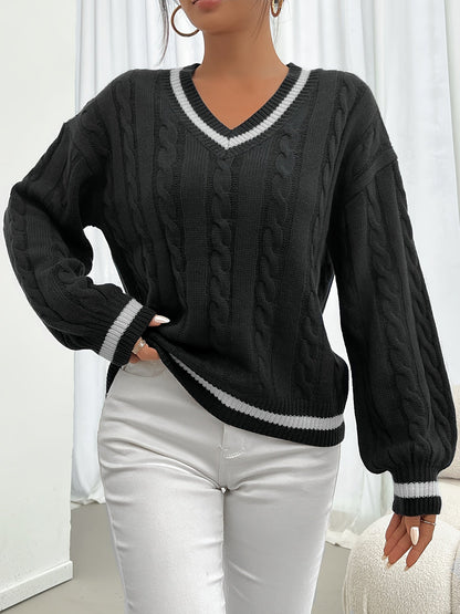 Suéter de punto para mujer con trenzado, escote en V y rayas en el cuello y los puños