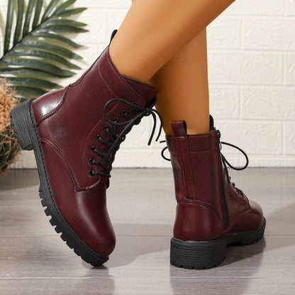 Botines de cordones para mujer, color burdeos, con cremallera y suela dentada