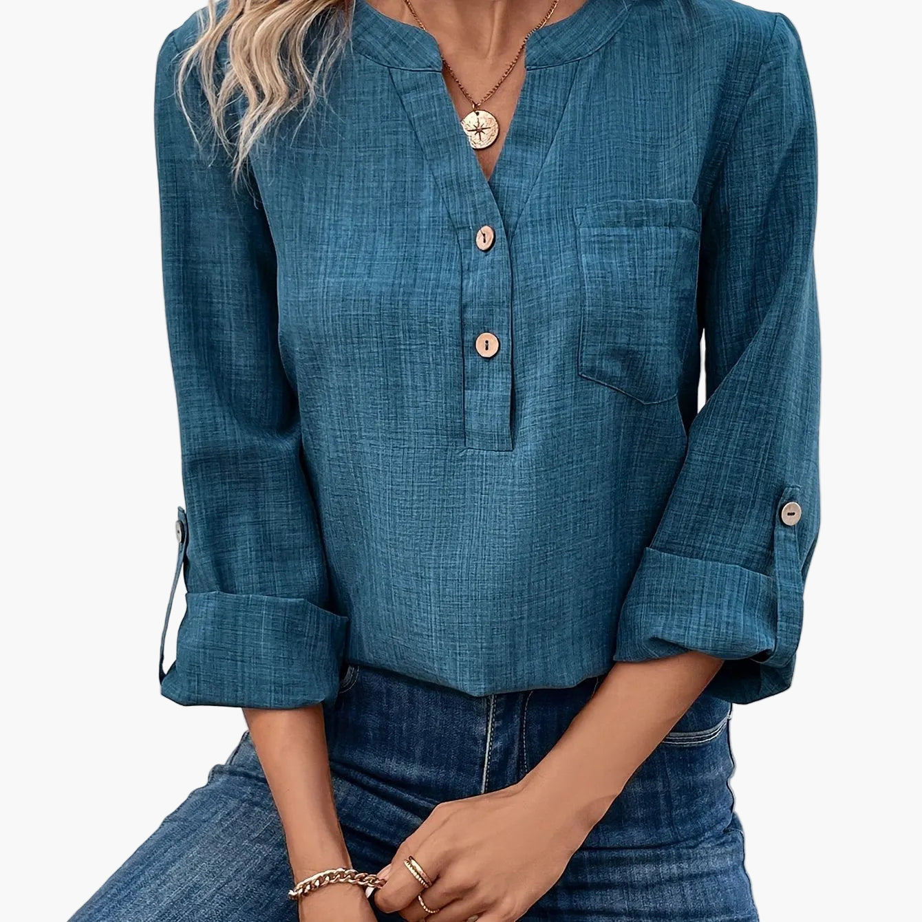 Damen Casual Bluse mit V-Ausschnitt und Knopfleiste – Eleganter Alltags- und Büro-Look