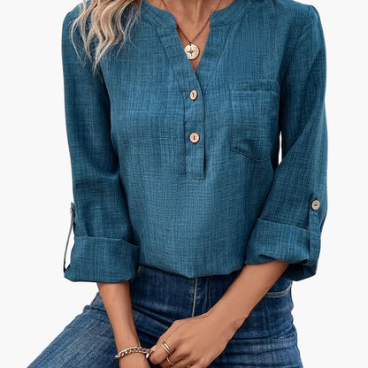 Damen Casual Bluse mit V-Ausschnitt und Knopfleiste – Eleganter Alltags- und Büro-Look