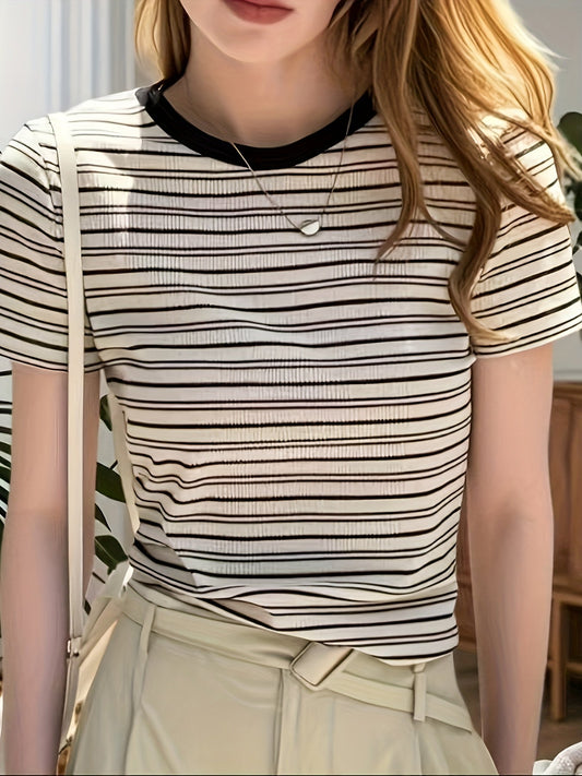 Dames T-shirt met korte mouwen en strepen, ronde hals – Elegante vrijetijdslook voor de zomer