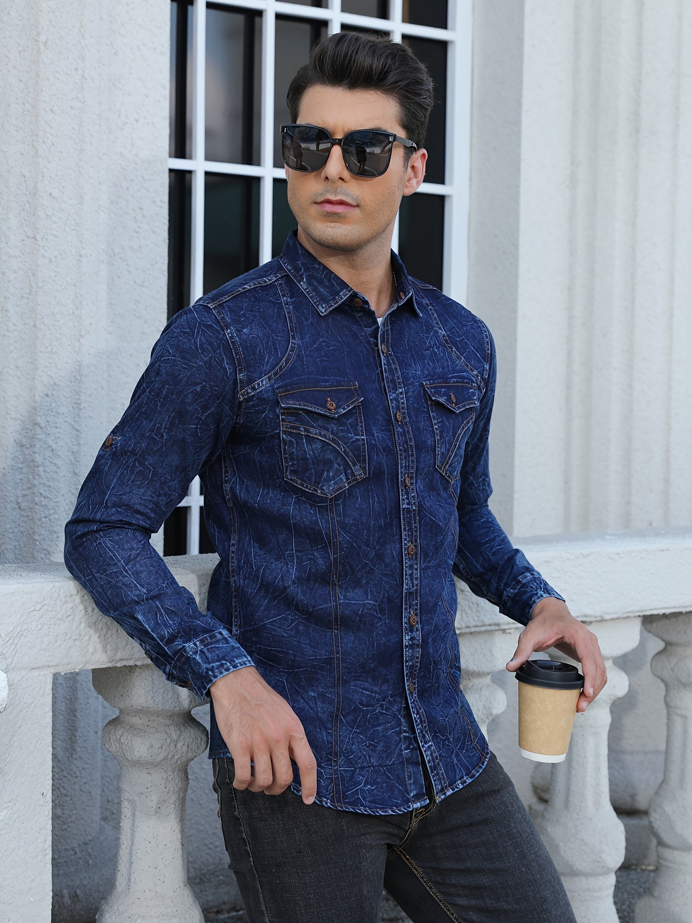 Herenoverhemd met lange mouwen, blauw, used-look, met borstzakken