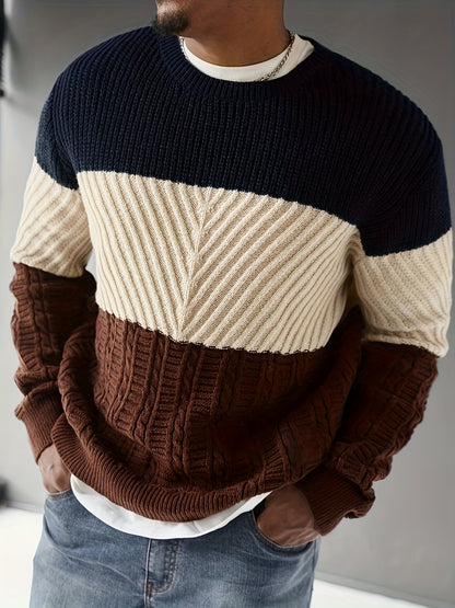 Maglione da uomo in maglia color block blu, beige e marrone, girocollo