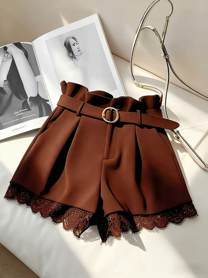 Shorts paperbag para mujer con cinturón y encaje – Shorts de talle alto elegantes para ocasiones especiales