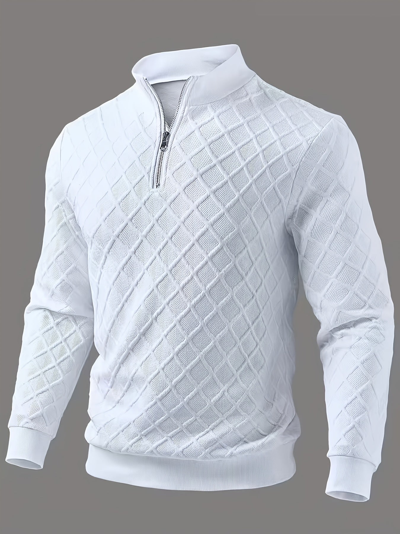 Herren Halb-Reißverschluss Pullover Weiß mit Rautenmuster, Langarm, Stehkragen