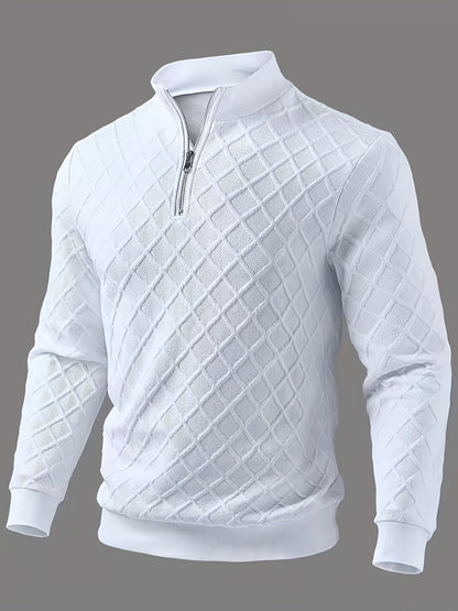 Herren Halb-Reißverschluss Pullover Weiß mit Rautenmuster, Langarm, Stehkragen