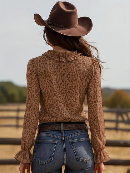 Chemisier femme élégant avec volants et motif léopard – Encolure en V tendance pour loisirs et sorties